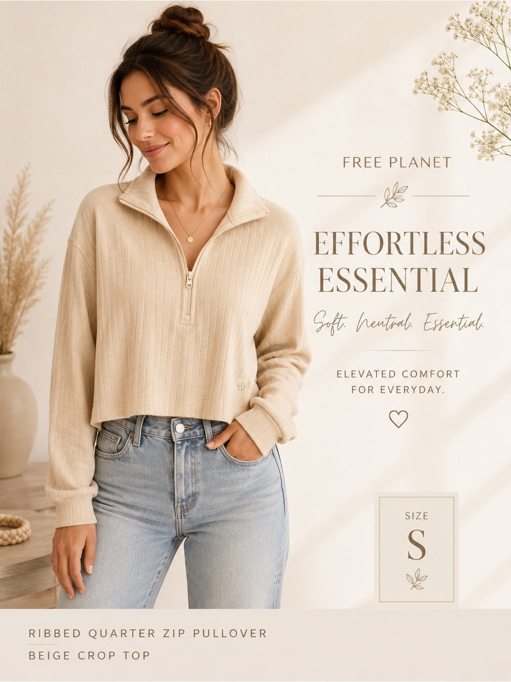 Free Planet Ribbed Quarter Zip Pullover Beige Crop Top Size S